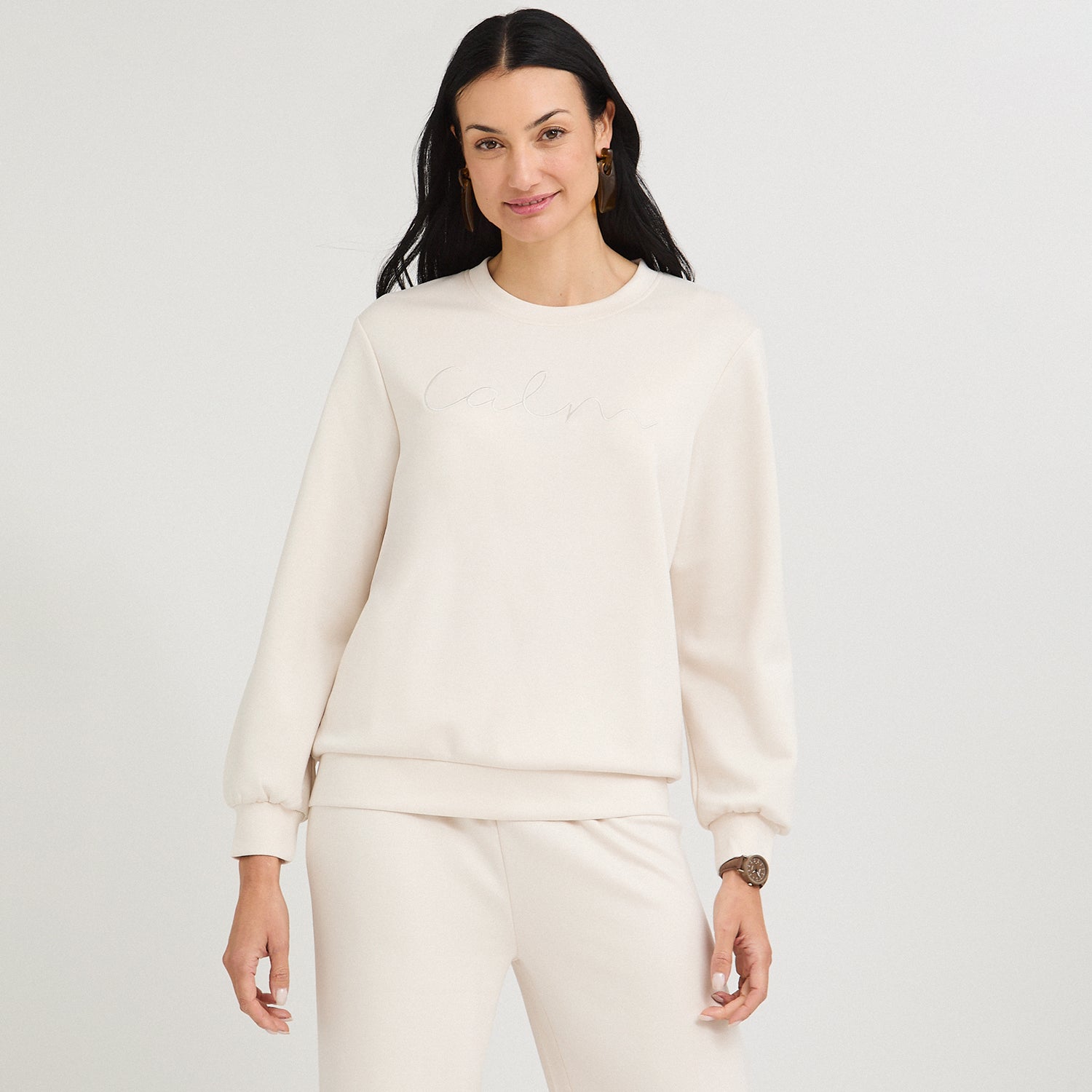 Polerón Algodón Escote Redondo Bordado Beige